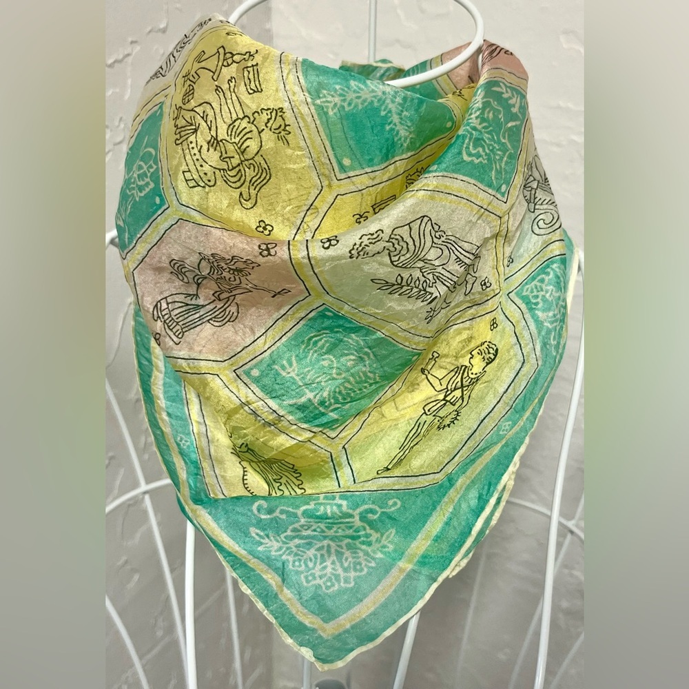 Vintage Greek Silk Hexagon Zodiac Mythology Scarf Neckerchief